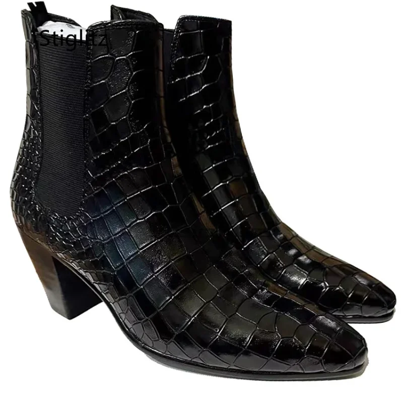 Chelsea-Stiefel für Herren, spitzer Zehenbereich, Schlangenleder, 8 cm Absätze, Slip-On-Stretch-Stiefel, britische Herrenschuhe aus echtem Leder mit hohen Absätzen