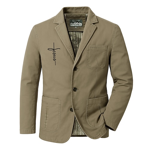 Per uomo Stampa Lettere Fede Blazer Giacca da abito in cotone Cappotto da abito Casual All'aperto Abbigliamento Quotidiano Tasche Multiple Giacca da abito con fodera a righe a tre bottoni Autunno