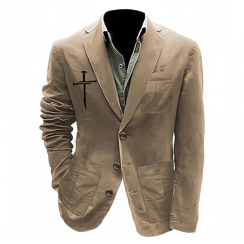 Per uomo Stampa Croce Blazer Giacca da abito in cotone Cappotto da abito Casual All'aperto Abbigliamento Quotidiano Tasche Multiple Giacca da abito con fodera a righe a tre bottoni Autunno Inverno