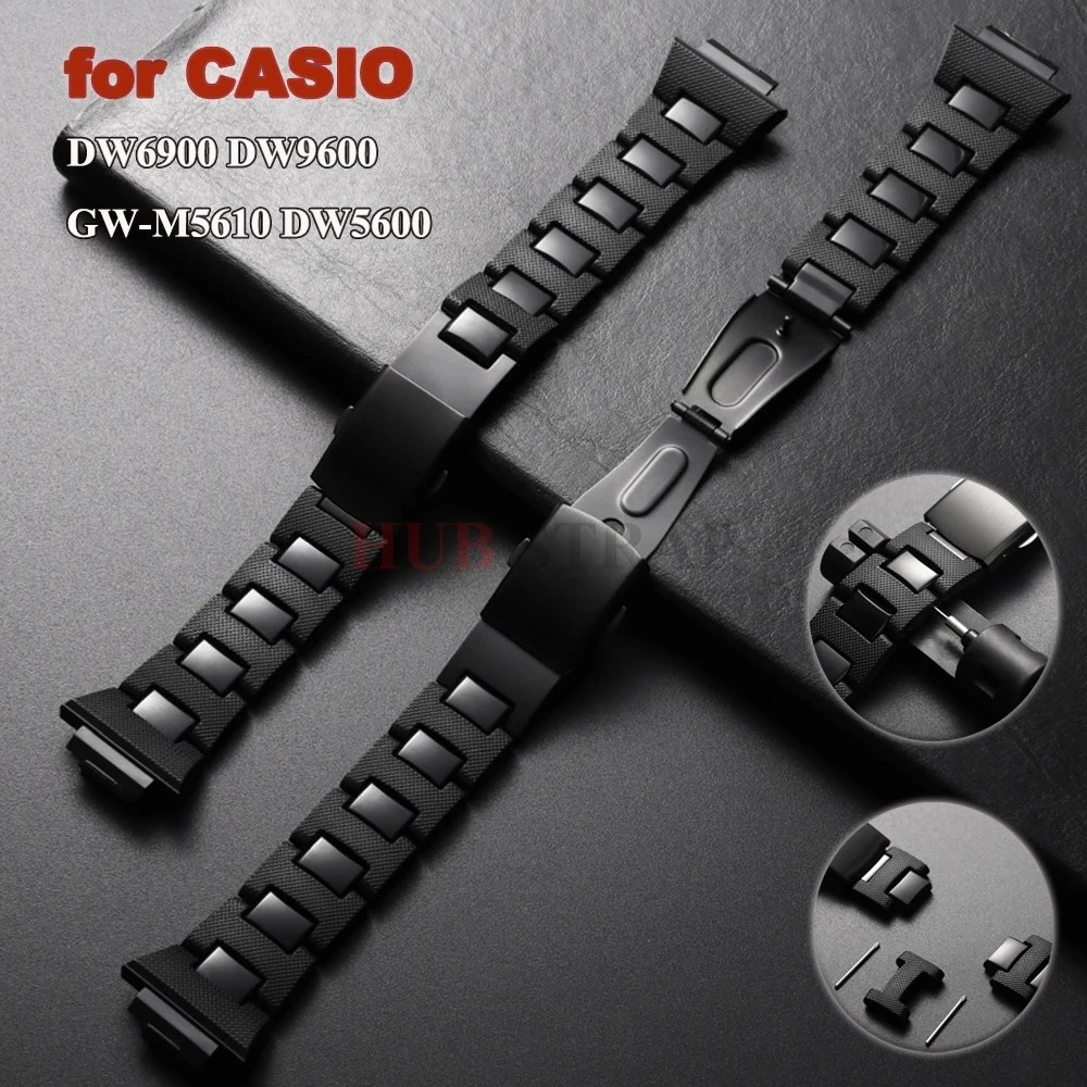 16 mm Kunststoff-Stahlarmband für CASIO DW6900 DW9600 GW-M5610 DW5600 Metallarmband für Männer und Frauen, leichte schwarze Sportarmbänder Image