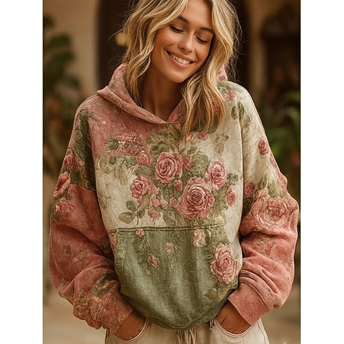 Felpa con cappuccio vintage boho 3D stampata da donna felpa con cappuccio patchwork felpa a pullover floreale felpa a pullover casual con cappuccio street quotidiano patchwork stampa tasca anteriore