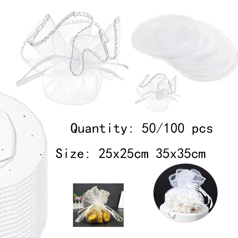 50/100 stücke 25/35 cm Geschenke Runde Organza Beutel Gaze Element Drawable Tasche Schmuck Beutel Hochzeit Gefälligkeiten und Hochzeit Party taschen Image