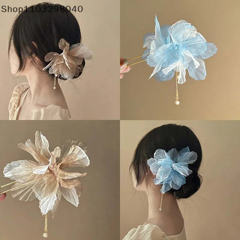 Koreanische antike Chiffon Blume Perle Quaste U-förmige Haarnadel für Frauen Image