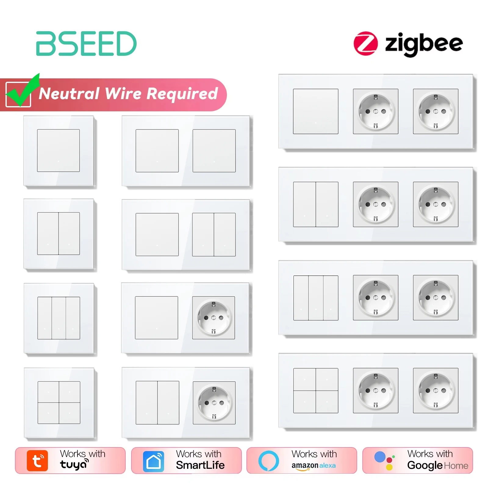 BSEED Zigbee Click Interruttori a parete Serie Interruttori intelligenti per luce Retroilluminazione gialla Cornice in vetro Interruttori Tuya Presa a muro UE Porta USBC