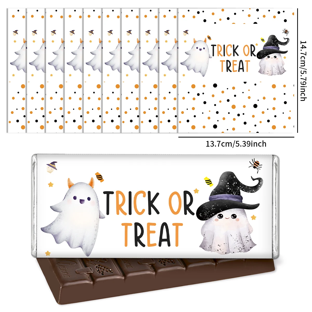 10 Stück Halloween-Schokoladen-Süßigkeitsriegel-Wrapper-Aufkleber – Geister-Hexe-Design, Süßes oder Saures, festliche Dekorationstaschen, Halloween-Partygeschenk Image