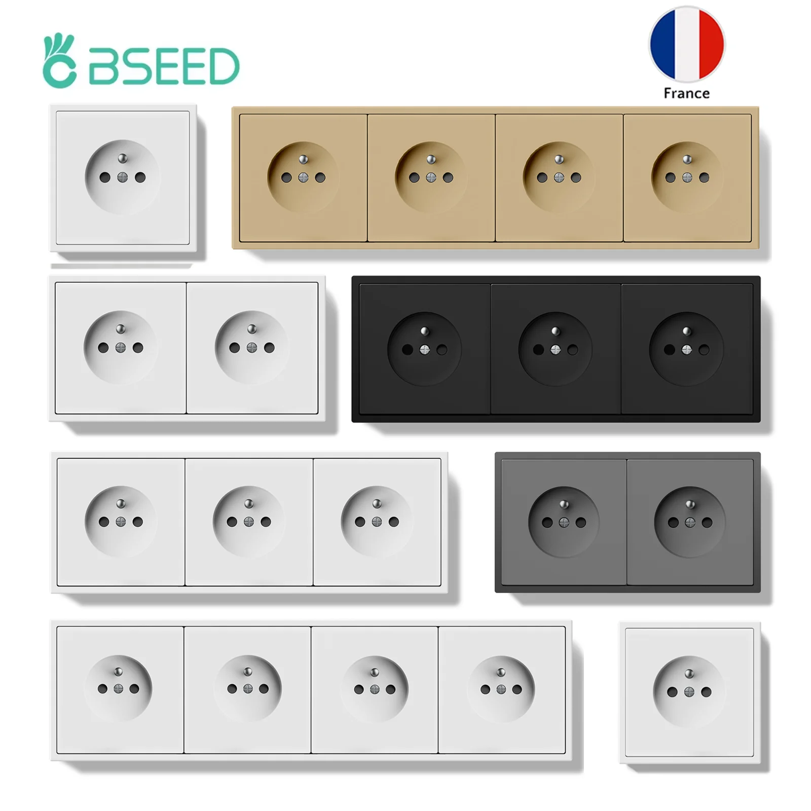 BSEED Einzelsteckdose, doppelte Wandsteckdosen, dreifache Steckdosen, vier französische Steckdosen, matte Kunststoffplatten, mehrere Größen Image