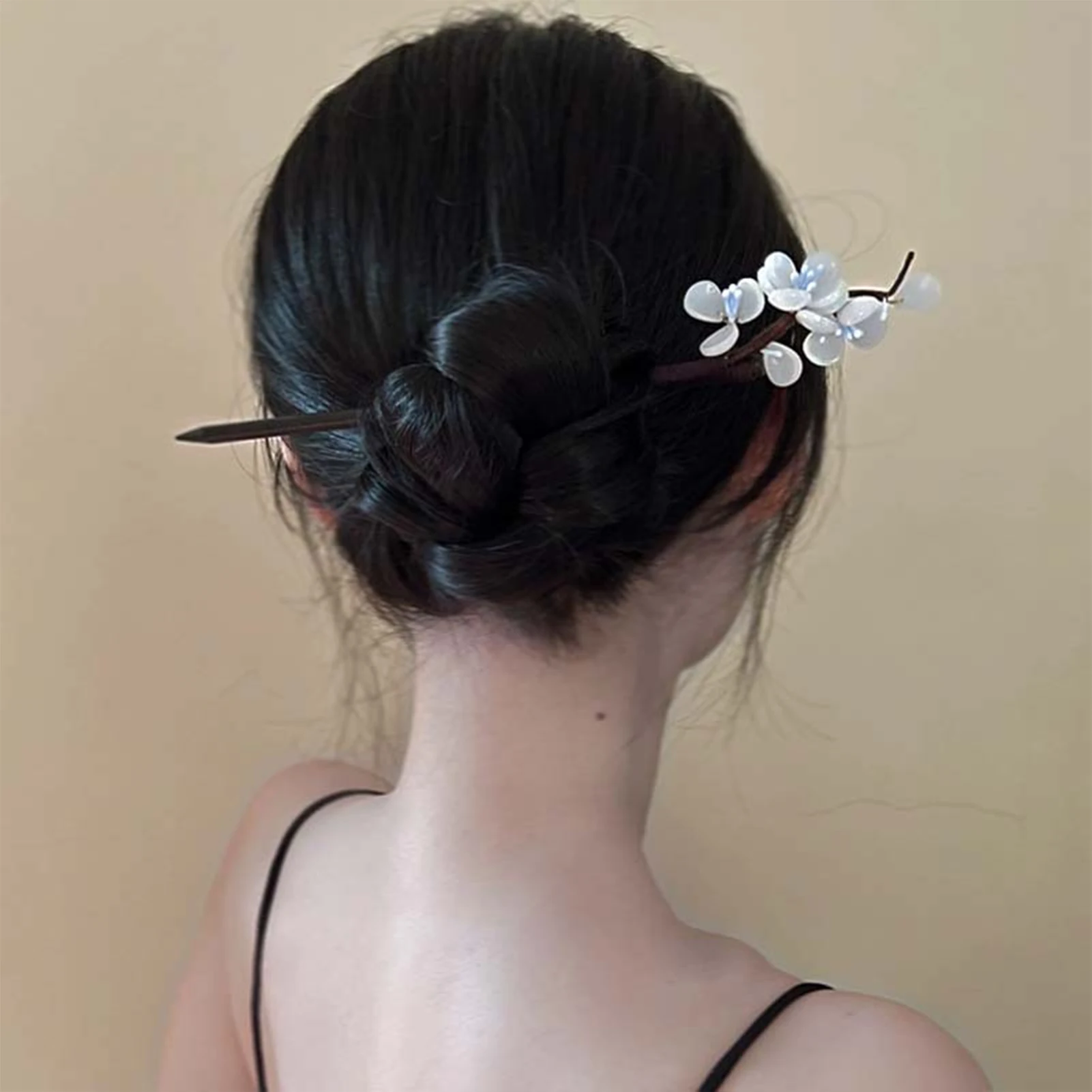 Elegante Holz Haarnadel für Frauen Vintage weiße Birnenblüte Holz Haarstab chinesischen Stil Hochsteckfrisur Haarschmuck Haarspange Image