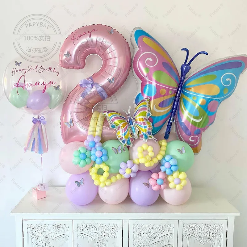 34 Stück größere Schmetterlings-Ballonsäule mit 40 Zoll rosa Zahlenfolienballon Macaron rosa lila Ballon Mädchen Geburtstag Babyparty Image