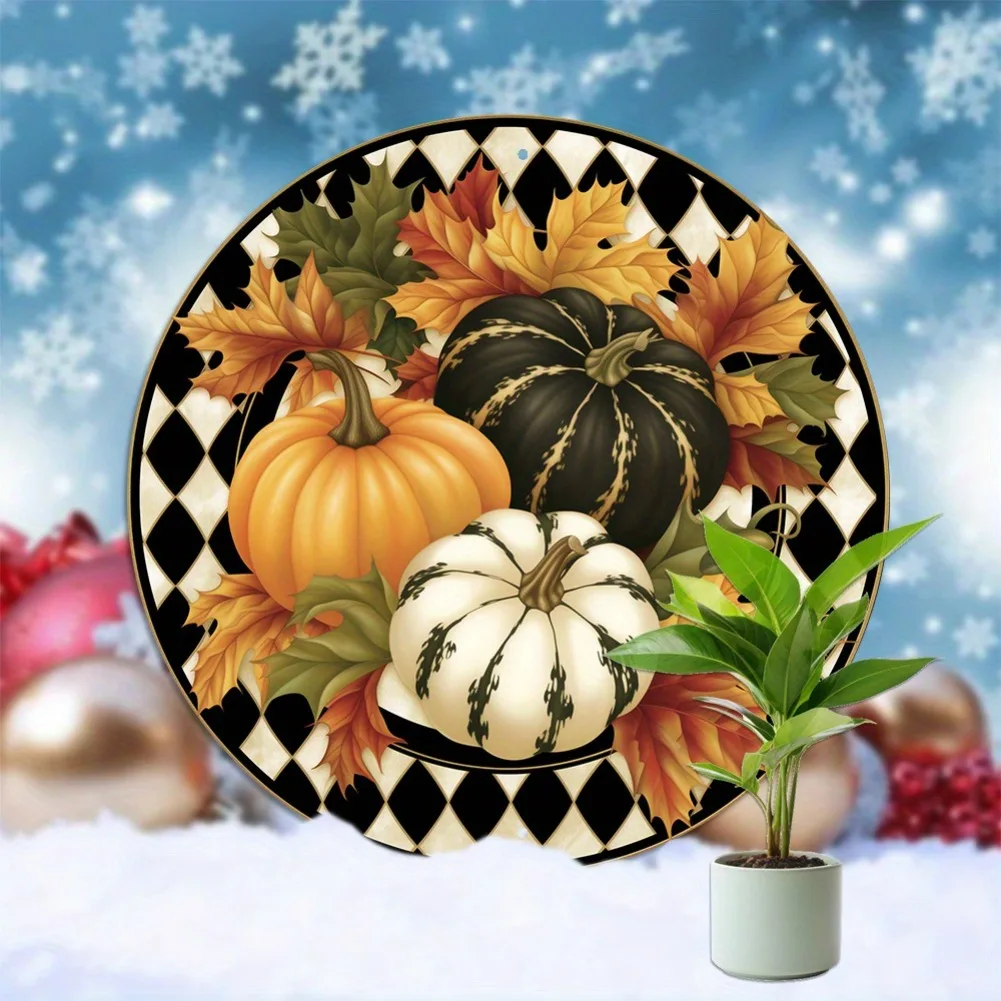 Willkommensschild „Vintage Autumn Pumpkins“ – 1 Stück 20,3 x 20,3 cm, 2D-flacher runder Aluminiumkranz, rustikale Erntedekoration für Büro, Bauernhaus Image