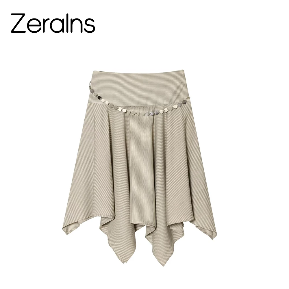 ZERAINS Sommer neue Damenbekleidung im europäischen und amerikanischen Stil, lässig, lockerer, asymmetrischer, gestreifter Rock mit hohem Bund und Gürtel Image