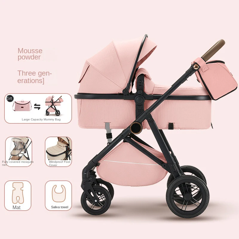 Rosa Kinderwagen Hochlandschaftskinderwagen mit Müttertasche Zwei-Wege-Stoßdämpfender, leichter, zusammenklappbarer Kinderwagen für Neugeborene Image