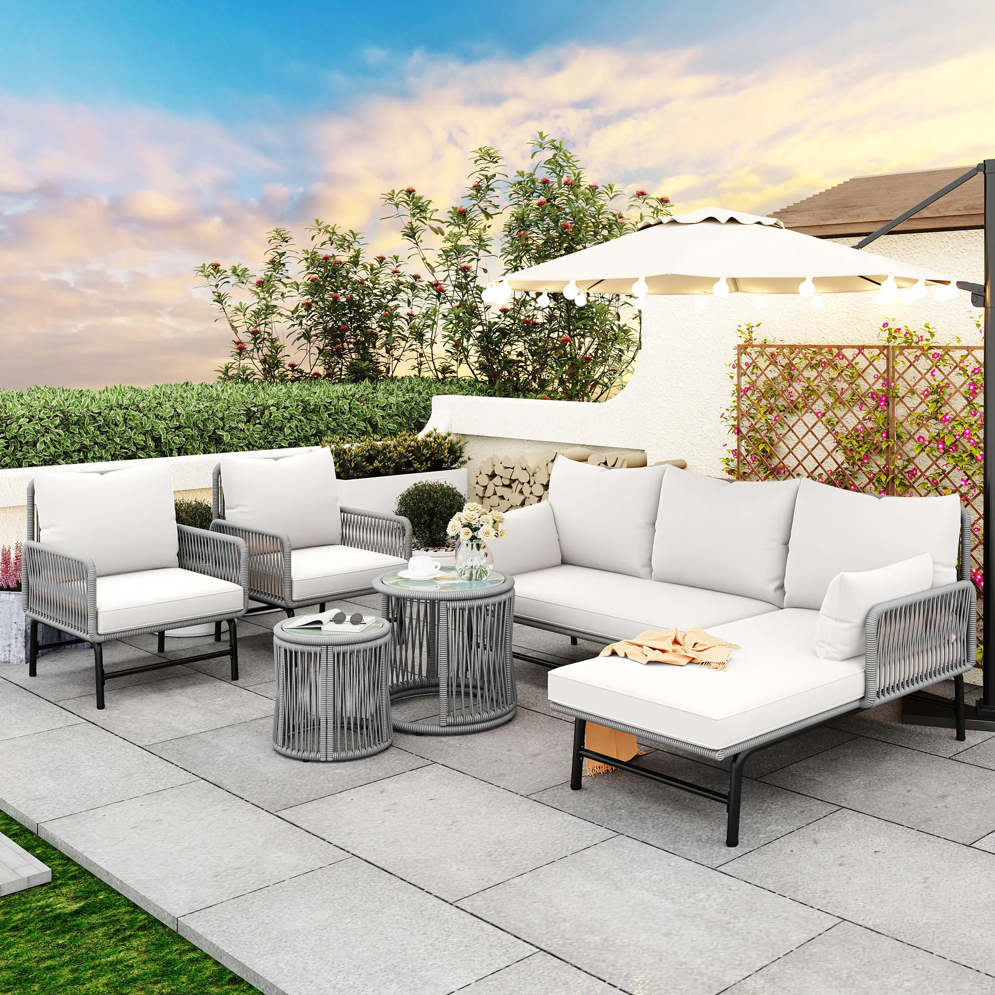 Gartenlounge-Set mit Eisenrahmen & grauem Seil, 2 Sessel, 2 Sofas, 2 Tische (alle Kissen inklusive)