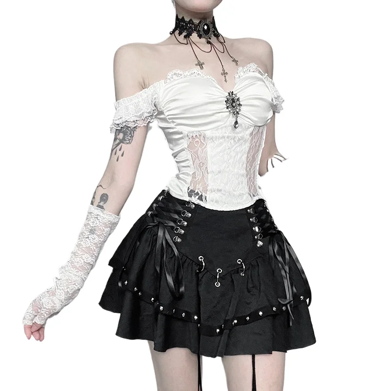 2025 neue Vintage Dark Punk Niet Mais Verband Mini Rock Gothic Punk Y2K Grunge Streetwear Frauen Falten A-Line Süße schlanke Röcke