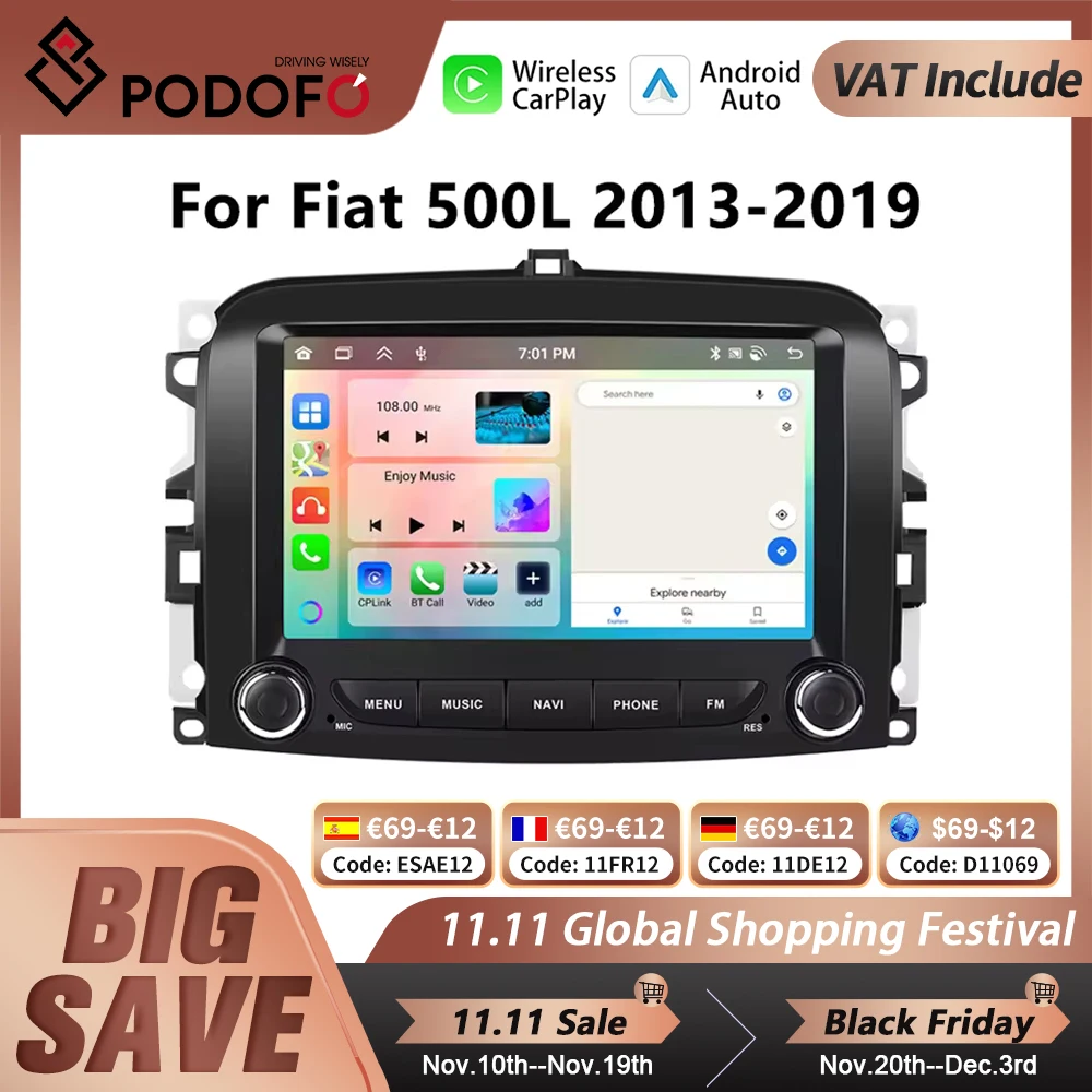 Podofo CarPlay Android Radio For Fiat 500L 2013-2019 Car Intelligent System 2din GPS Stereo Navigation RDS Multimedia Autoradio Image