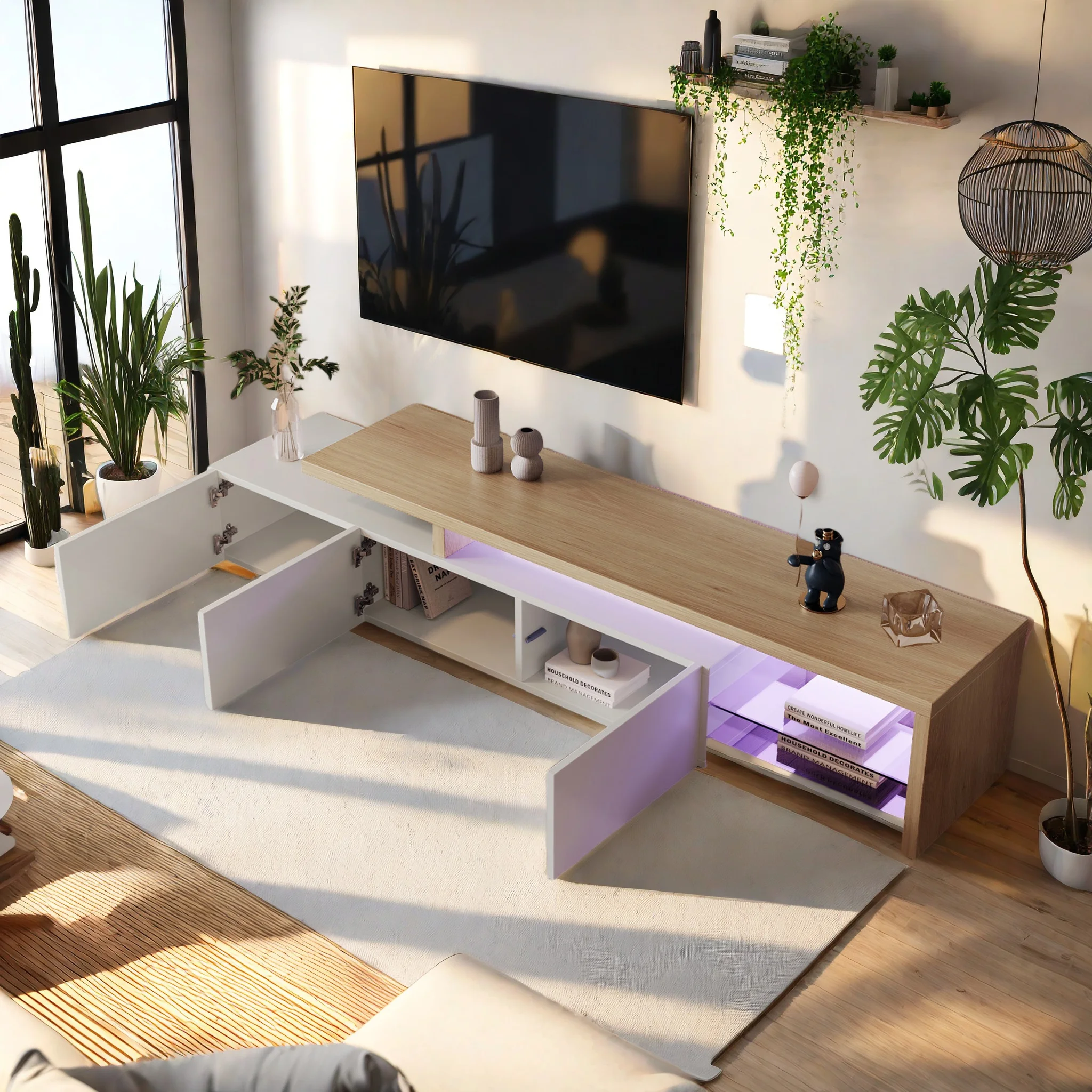 Anajqaqia 200 x 39 x 42 cm TV-Schrank mit LED-Beleuchtung, 3 Stauraum, 2 Glasböden, Lowboard, stehend, TV-Ständer, Weiß