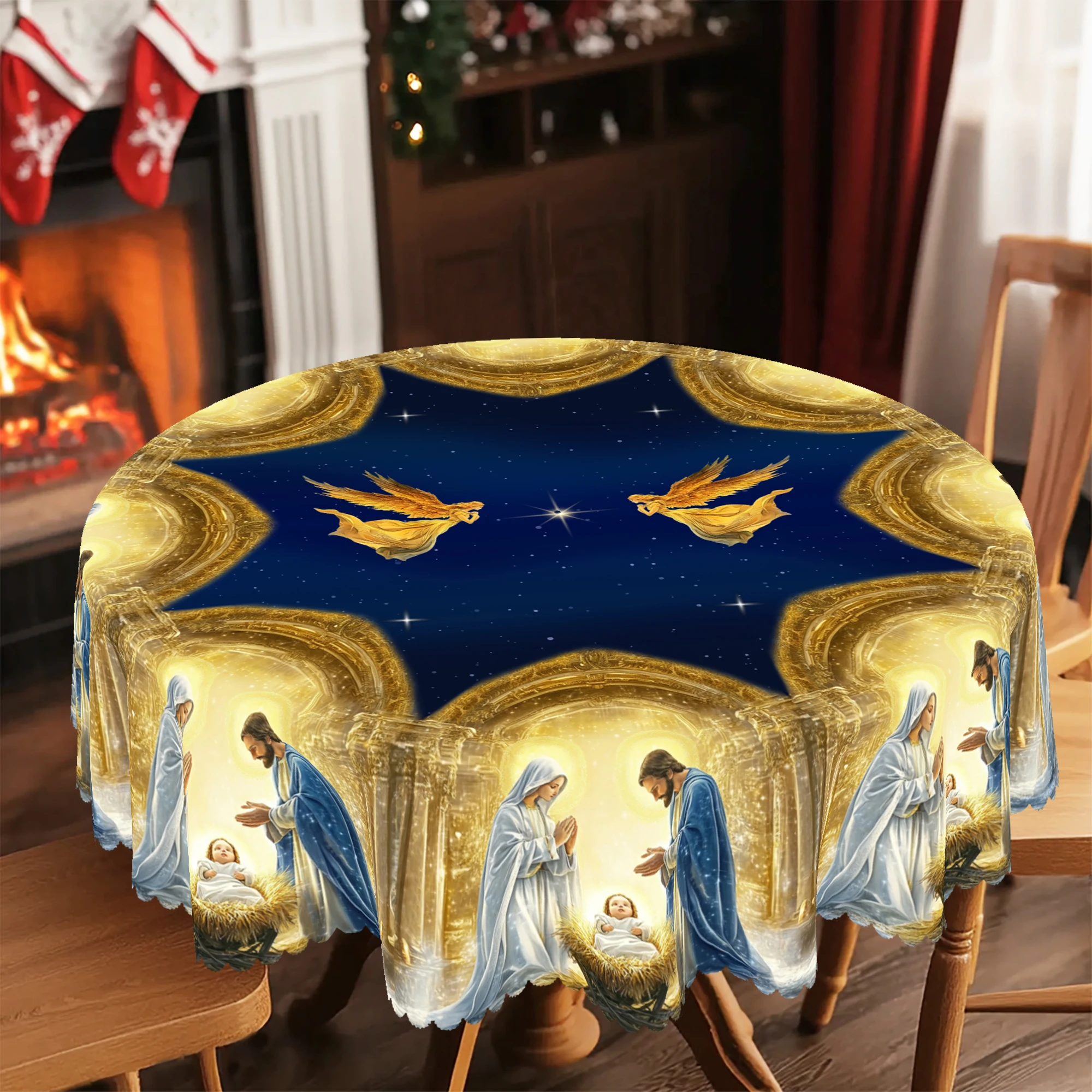 1-teilige runde und rechteckige Weihnachtstischdecke, verschiedene Größen, exquisite Bibel- und Geburtskaro-Druckmuster-Design, blaue und goldene Tischdecke für den täglichen Gebrauch in der Küche zu Image