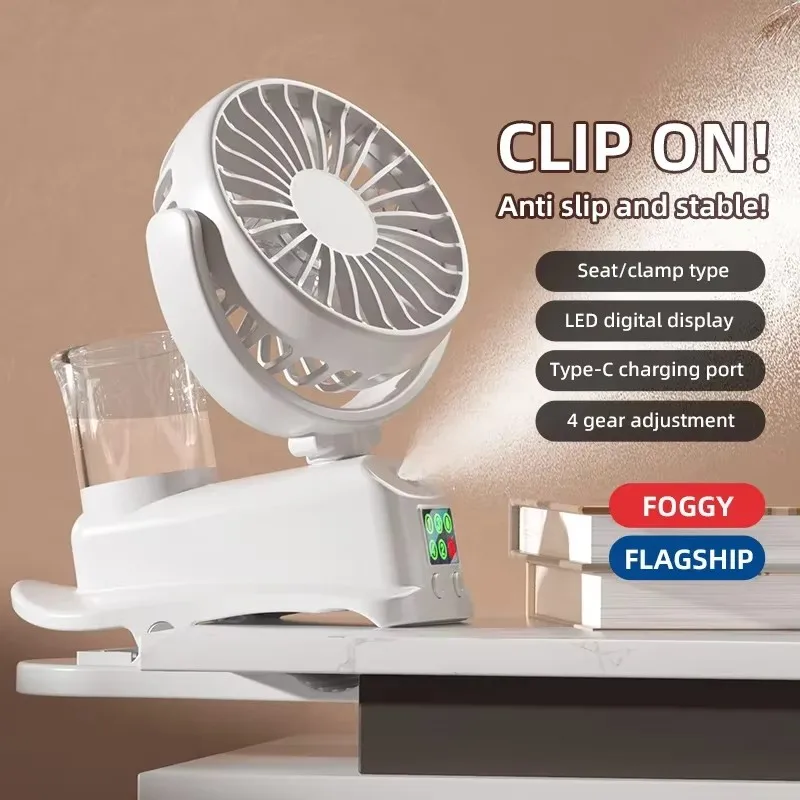 Kühlender Clip-Sprühventilator, USB wiederaufladbar, für Büro, Schlafsaal, Outdoor, multifunktionaler Desktop-Clip-Ventilator, feuchtigkeitsspendend Image