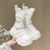 8 CM Leder Frühling Plattform Schnalle Keil Wohnungen Frauen 2025 Herbst Britischen Motorrad Mode ZIP Stiefeletten Weiß Damen Schuhe