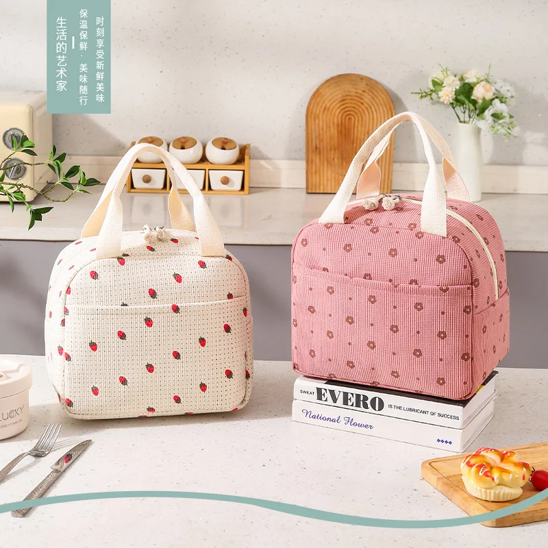1 stücke Tragbare Thermische Lunch Box Tasche Floral Cord Mittagessen Tasche Gedruckt Lebensmittel Handtaschen Wasserdichte Büro Kühler Eis Isolierte Fall Image