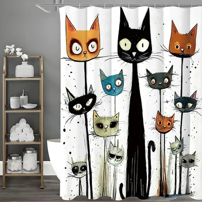 Cute Cartoon Cat Shower Curtain, Bathroom Decorative Shower Curtain, Waterproof Shower Curtain with Hooks
