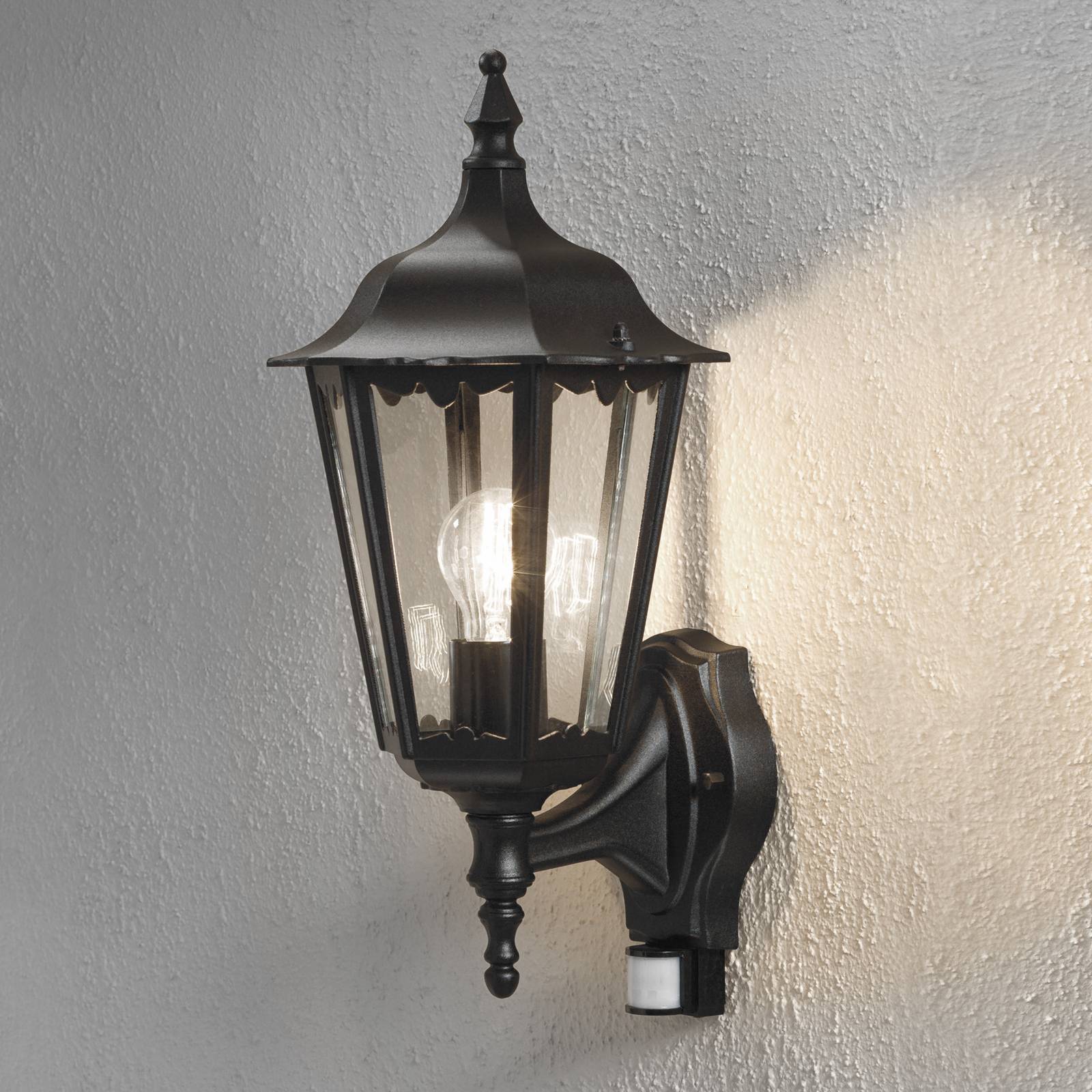 Konstsmide Outdoor Sensor Wall Light FIRENZE, Black, Glass, Country House / Rustic, Outdoor Wall Light