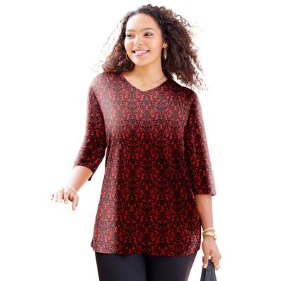 Plus Size Women's Easy Fit 3/4-Sleeve V-Neck Tunic by Catherines in Red Royal Medallion (Size 3X)