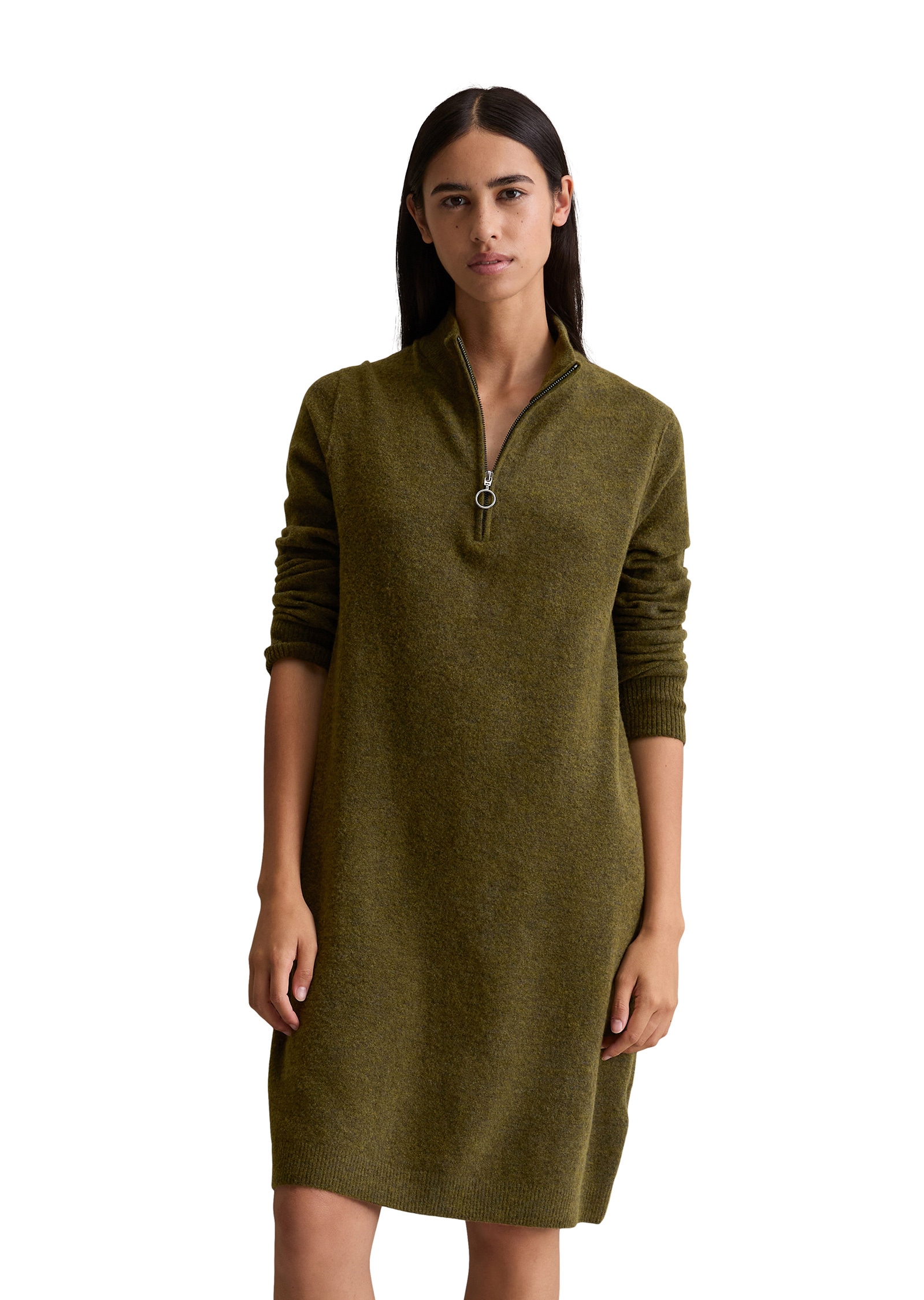 Strickkleid MARC O'POLO DENIM "aus softem Schurwolle-Mix", Damen, Gr. XS, Normalgrößen, grün (dunkelgrün melange), Obermaterial: 72% Schurwolle, 26% Polyamid, 2% Elasthan, unifarben, regular fit knielang, Rippbündchen, Kleider Strickkleid