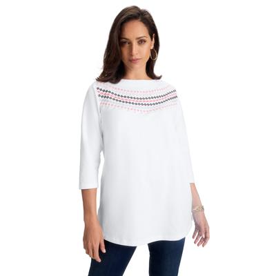 Plus Size Women's Stretch Cotton Boatneck Tunic by Jessica London in White Fairisle Embroidery (Size 26/28) Long Knit 3/4 Sleeve Shirt