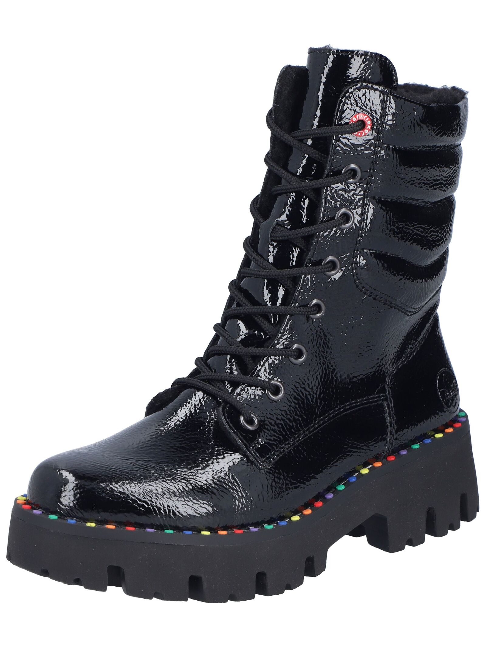 Schnürstiefelette RIEKER "Rieker Stiefelette Lederimitat", Damen, Gr. 42, schwarz (schwarz lack), Lederimitat, Schuhe Schnürstiefelette Image