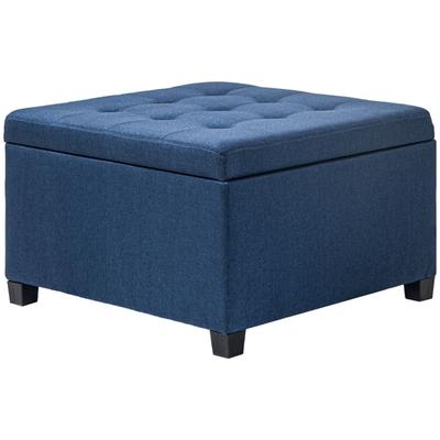 Button-Tufted Storage Ottoman with Flip-Top Seat and Linen-Texture Cushion Wood Frame