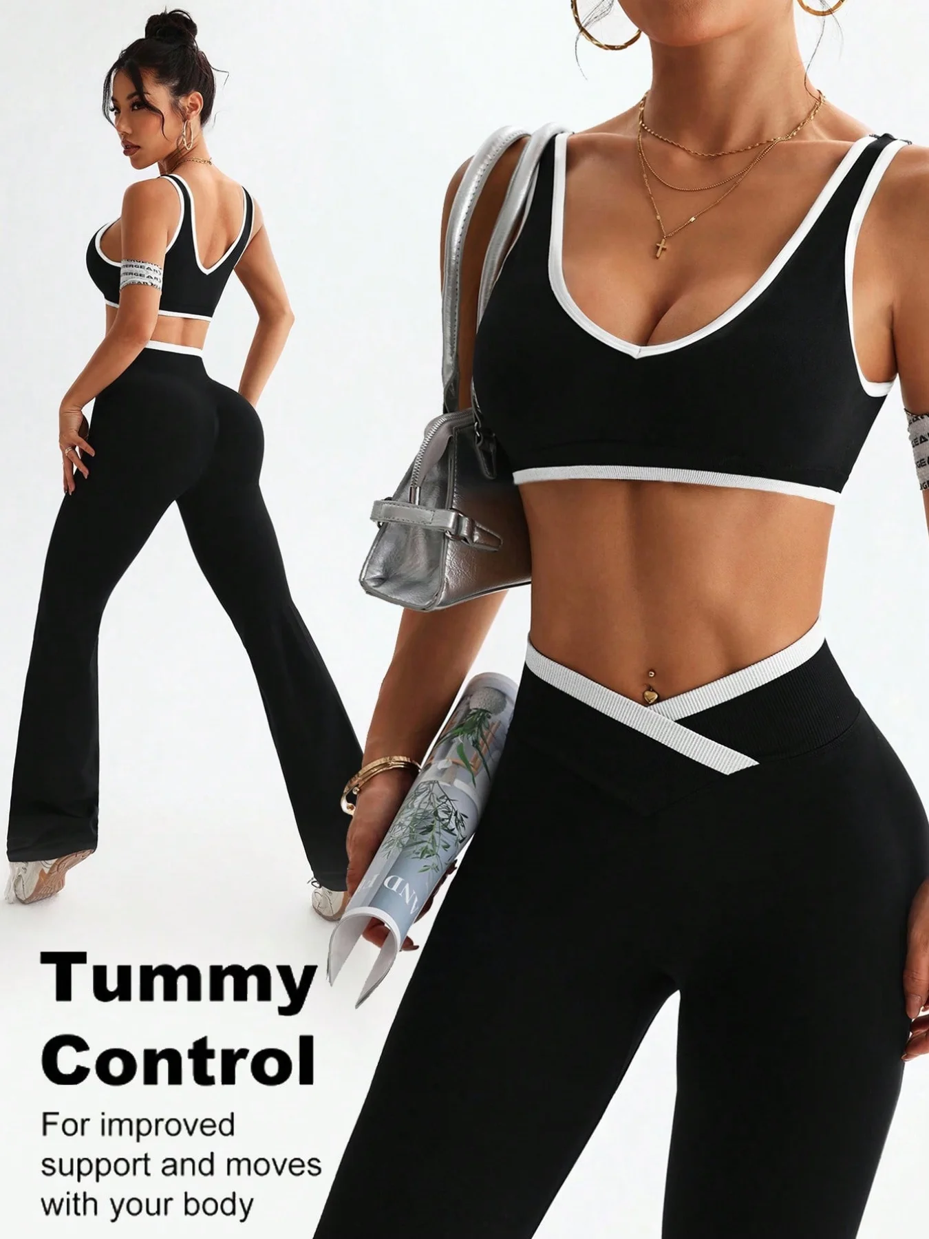 Farbblockierendes Sportset mit breitem Schultergurt, stoßfestes, einteiliges Yoga-Fitness-Sportset für Damen mit Bauchkontrolle Image