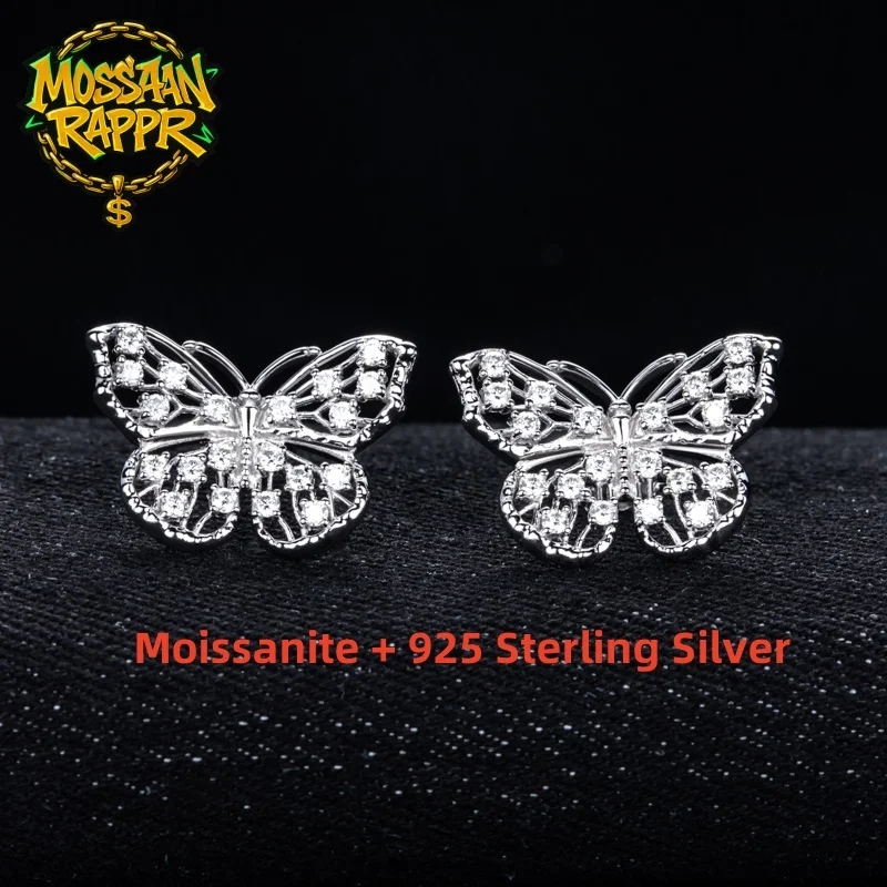 MossanRappr 0,68 cttw D Farbe Moissanit Schmetterling Ohrstecker 925 Sterling Silber Hip Hop Schmuck Jahrestagsgeschenke für Frauen