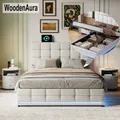 WoodenAura Letto imbottito 140 x 200 cm, con rete a doghe in metallo e contenitore, letto matrimoniale con testiera regolabile in altezza e contenitore ad apertura idraulica
