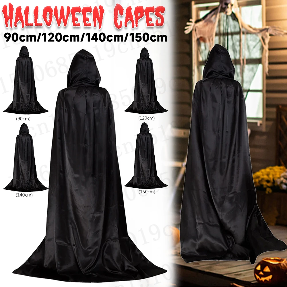 1 Stück Halloween-Umhang in 3 Größen erhältlich. Es handelt sich um einen schwarzen Sensenmann-Umhang aus Party-Satin mit einem Stehkragen Image