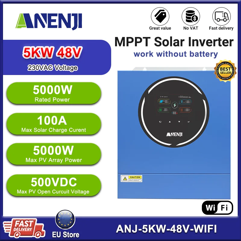 ANENJI 5KW 48V onduleur solaire hybride onduleur solaire sinusoïdal pur double sortie onduleur 230V 100A MPPT chargeur solaire PV 500V