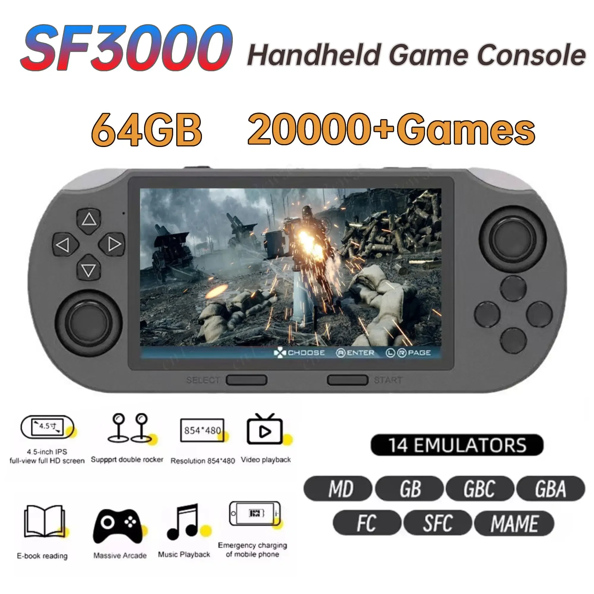 SF3000 Retro-Handheld-Spielekonsole, 4,5-Zoll-IPS-Bildschirm, Linux-System, Taschenvideoplayer, Spiele-Controller, integrierte 20000+ Spiele Image