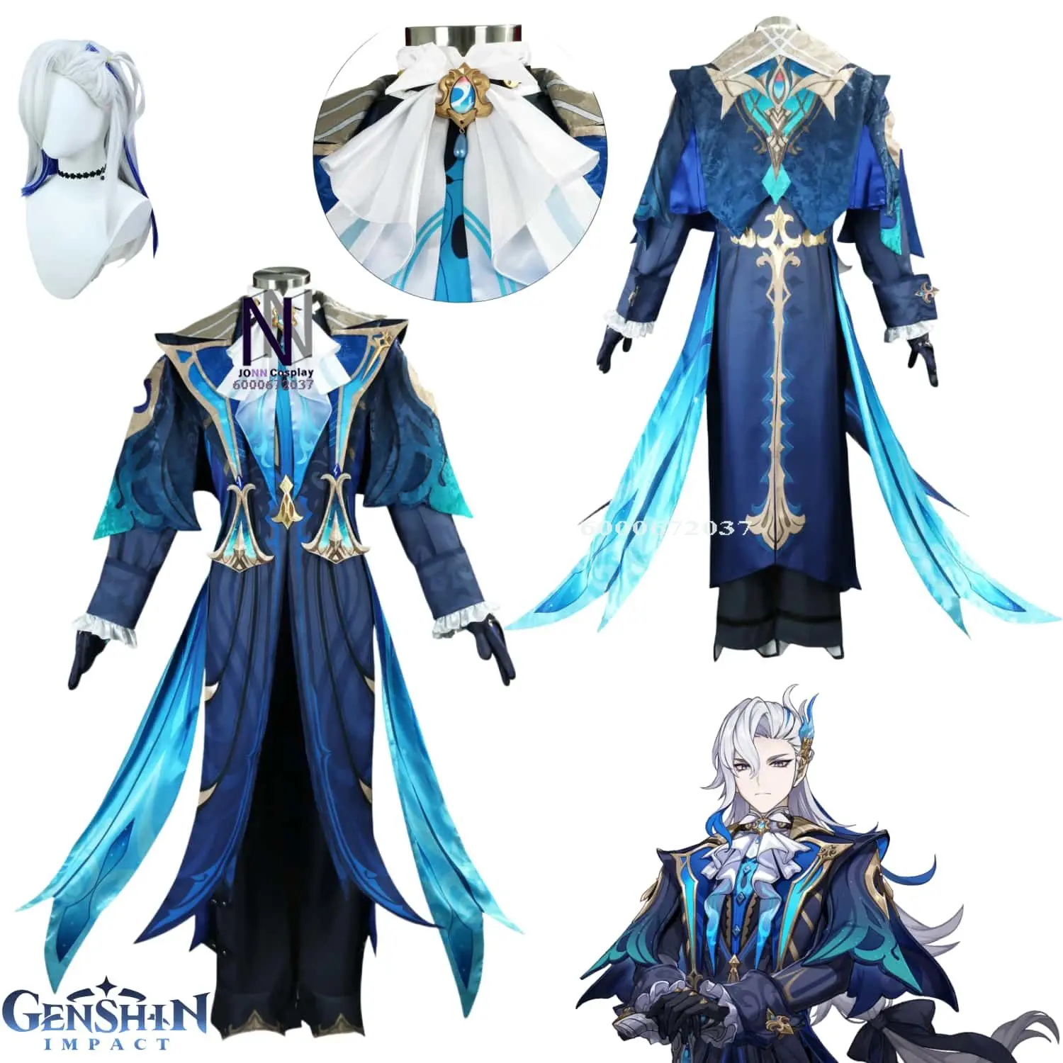 Genshin Impact Spiel Neuvillette Cosplay Kostüm Männer Rollenspiel Karneval Uniform Perücke Anime Halloween Maskerade Kostüme Event Image