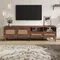 Meuble TV pour TV 80 pouces avec 2 portes en rotin, 2 tiroirs, meuble bas avec 8 pieds, centre de contrôle de divertissement moderne marron