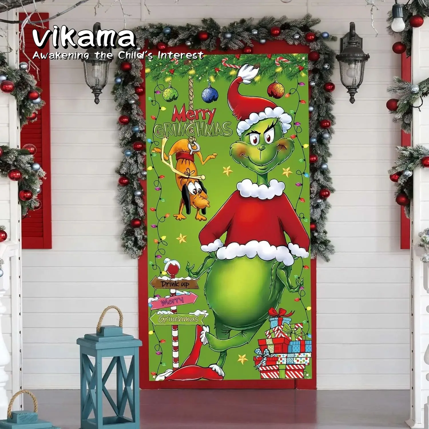 VIKAMA Weihnachts-Türvorhang-Wandteppich – grüne Monster-Thema-Dekoration, geeignet für Feiertage, Party-Dekorationen, Geburtstag Image