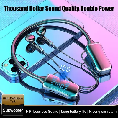Super Power Neckband Headphone LED Wireless Bluetooth 5.3 Headsets HIFI Stereo Earphones Waterproof Noise Reduction Headsets