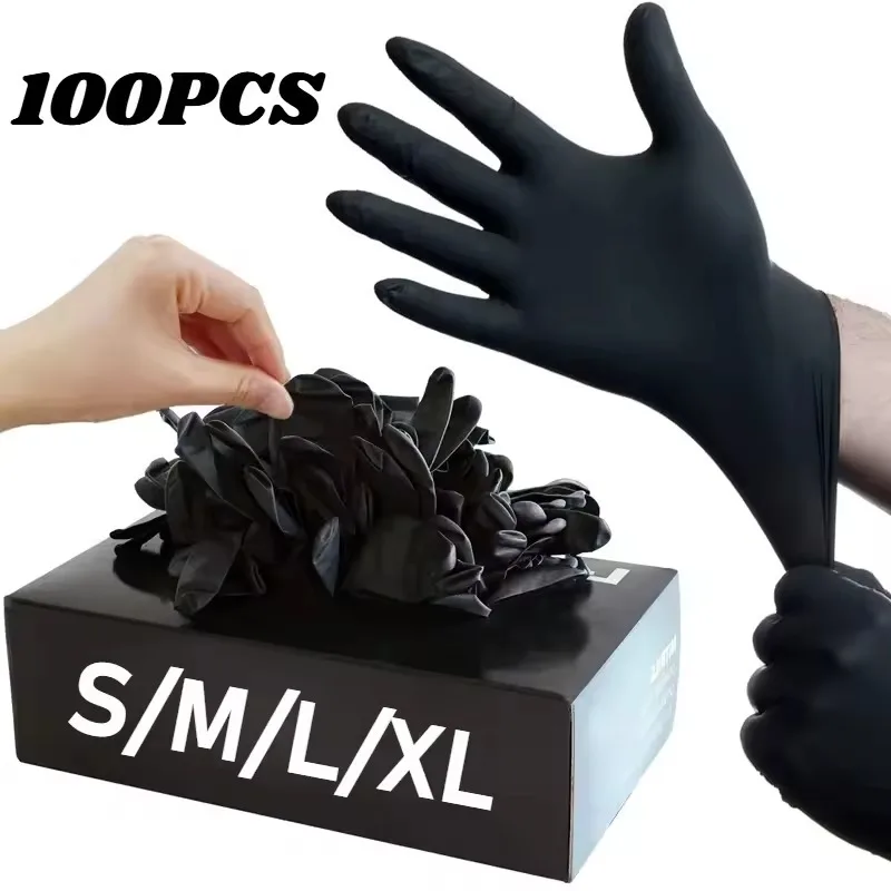 100/50/20PCS Schwarz Nitril Handschuhe Einweg Handschuhe Friseur Maniküre Malerei Geschirrspülen Küche Bad Reinigung Werkzeuge Image