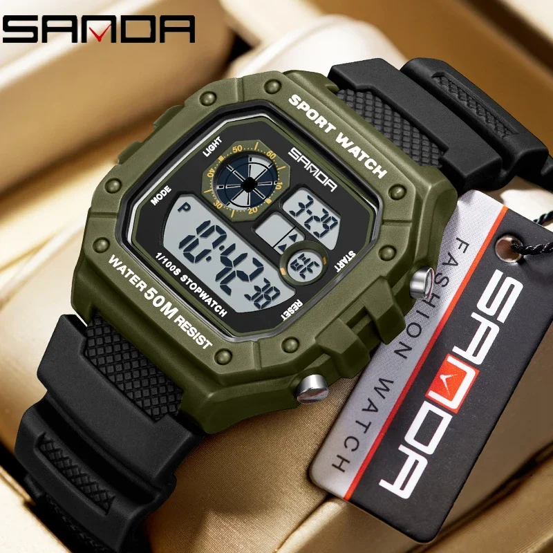 SANDA Mode Herren Elektronische Uhren Sport Multifunktionale Wasserdichte LED Einzel Display Kleine Quadratische Elektronische Armbanduhr Image