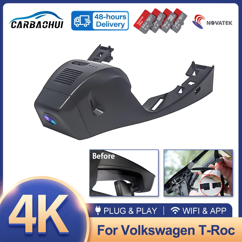 Für VW Volkswagen T-Roc T Roc Troc 2017-2024, Plug and Play 4K Dashcam Wifi Dash Kamera Dash Cam für Auto Fahrzeug Video Recorder Image