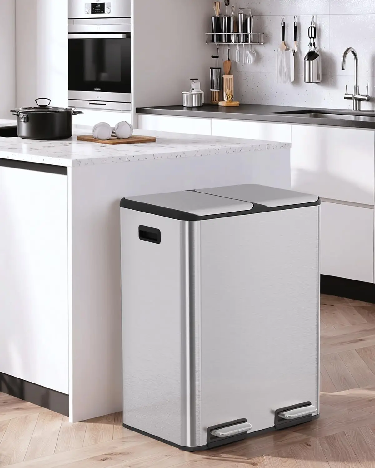 Mülleimer, 2 x 30 l Pedalbehälter mit Geruchsfilter, Mülleimer, Mülleimer, Abfalltrennsystem, doppelter Abfallbehälter aus Metall, Silber