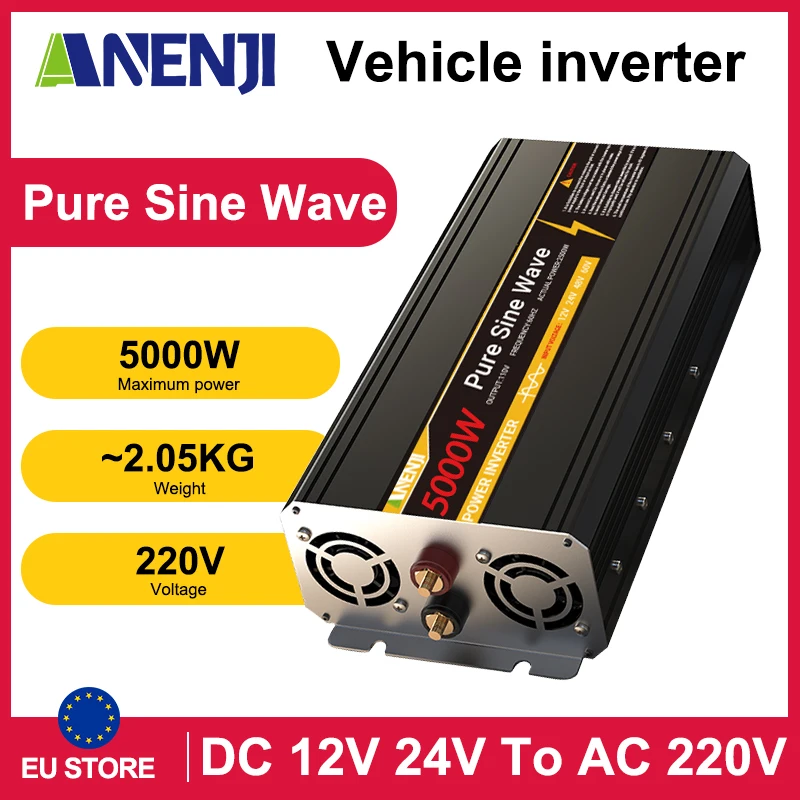 ANENJI onduleur à onde sinusoïdale Pure 5KW onduleur de véhicule DC 12V 24V à AC 220V convertisseur de tension de puissance onduleur solaire de voiture pour RV SUV