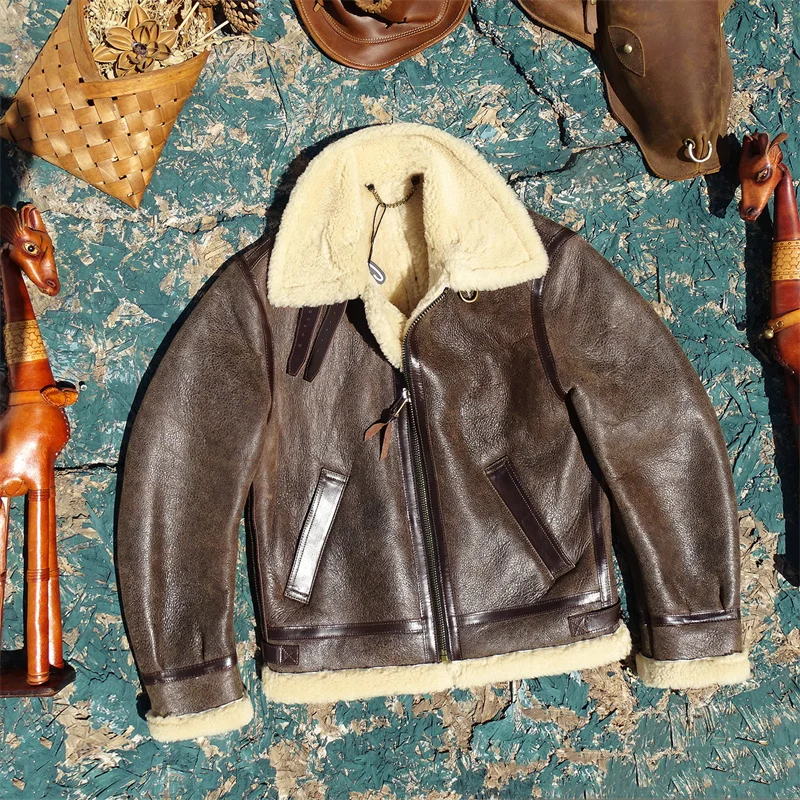 Cappotto invernale in shearling marrone scuro da uomo stile vintage retrò taglie forti 5XL Cappotto da volo bomber B6 in vera pelle di pecora spessa naturale