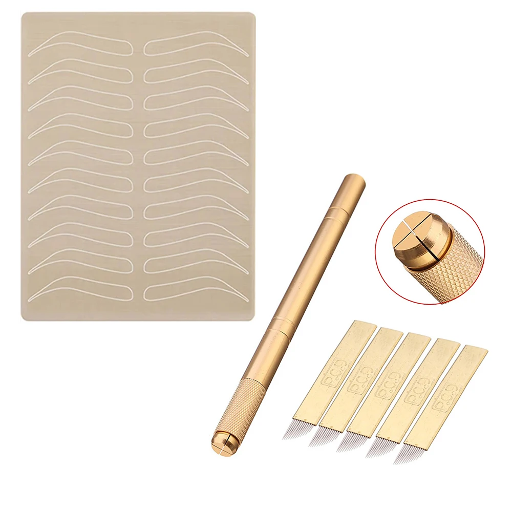 1 Stück Goldener Tebori-Stift, manueller Microblading-Tattoo-Stift mit 5 Stück 12 Pins Microblading-Nadeln und 1 Stück Tattoo-Augenbrauen-Übungshaut Image