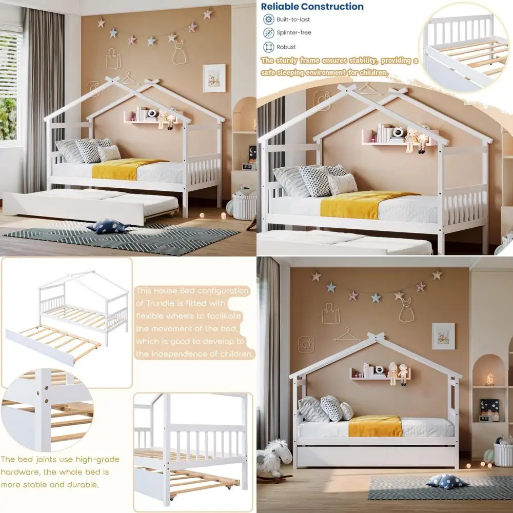 bellemave twin house bed with trundle, montessori house bed with roof design, wood daybed frame for kids, boys, girls, sturdy wo