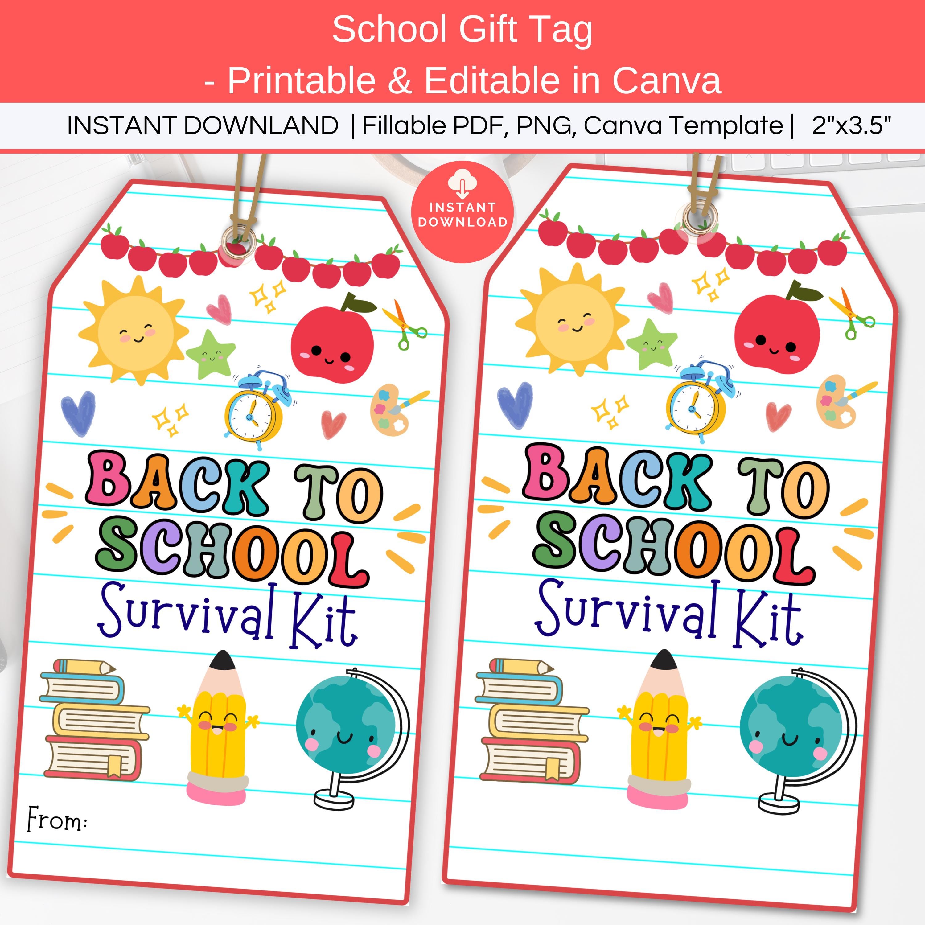 Etichetta regalo per il kit di sopravvivenza per il ritorno a scuola, stampabile e modificabile, per il primo giorno di scuola, cestino di ringraziame