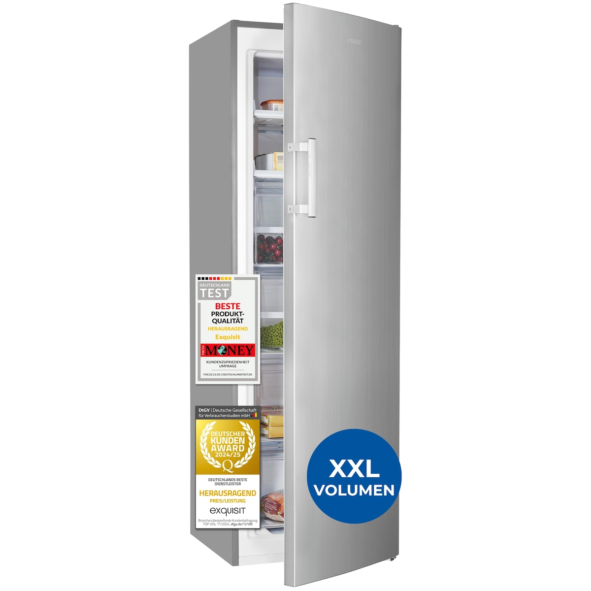 Exquisit Gefrierschrank, 204 Liter, NoFrost, Schnellgefrieren, 39 dB, wechselbarer Türanschlag, elektronische Bedienung, GS5271-NF-H-040D Inoxlook Image